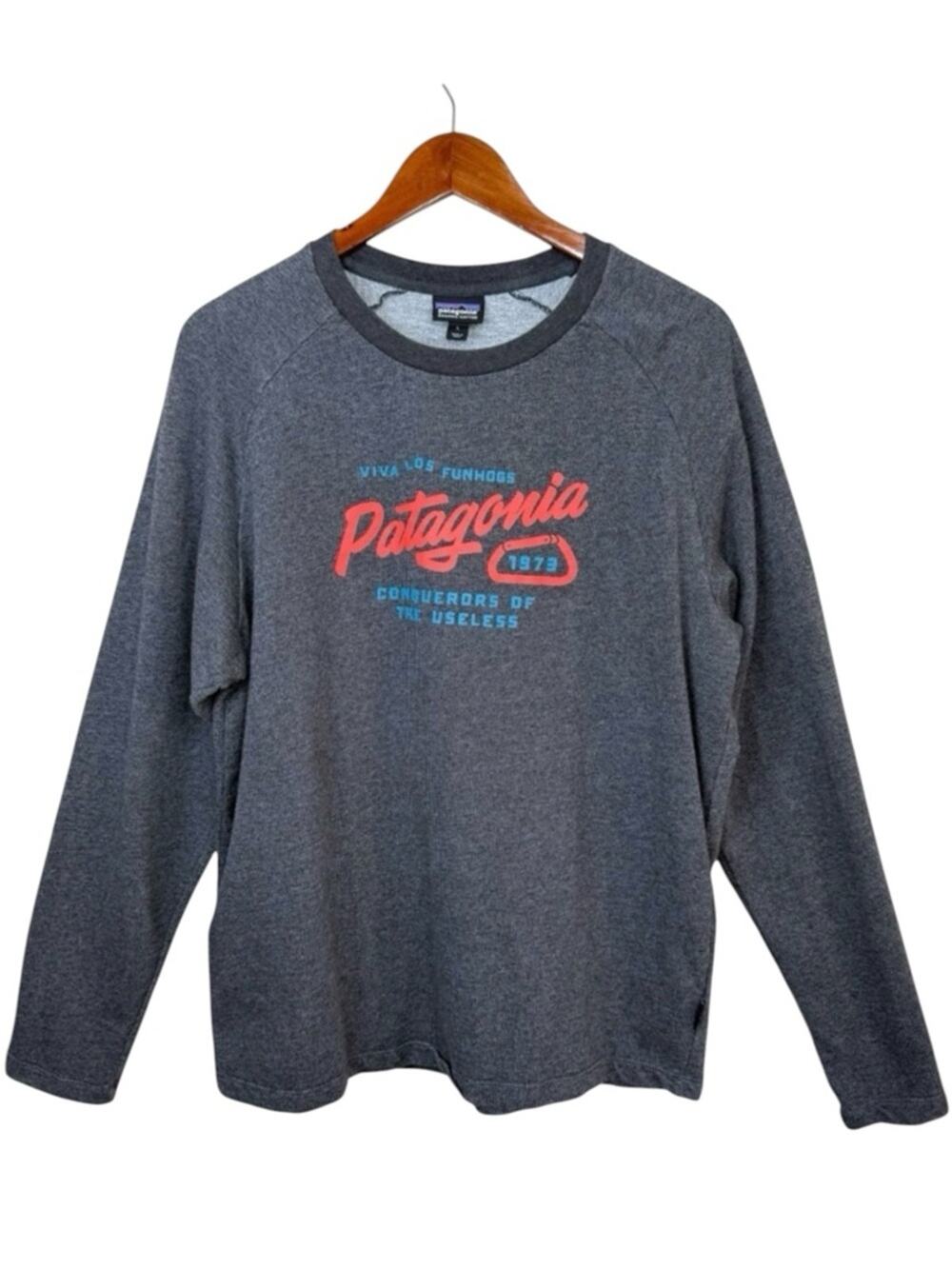 PATAGONIA Viva Los Funhogs Crew Neck Long Sleeve Sweatshirt Grey Men's Sz L